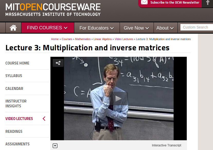 Gilbert Strang teaching 18.06 linear algebra