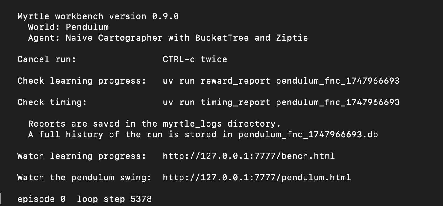 You should see something like this. A screenshot of the console when running one of the examples.
It has a splash message and instructions for how to view reports
about reward and timing, and how to view an animation in the browser.